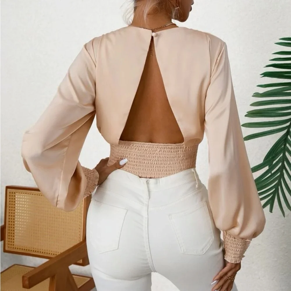 Boho apricot shirred open back crop top